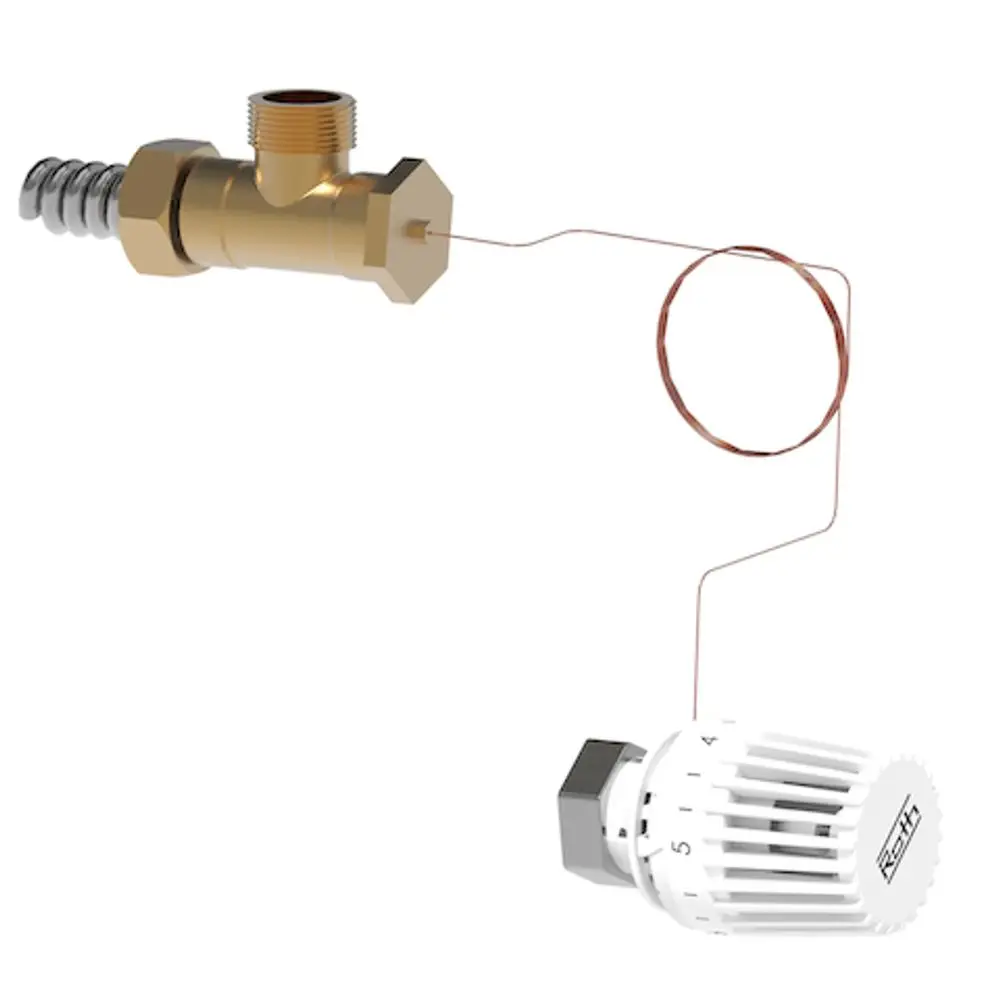 Kupferrohr mit Verbindung zur Regelarmatur von Roth, kombiniert mit einem Heizkörperthermostat. Rotierende Skala zur Temperatureinstellung sichtbar.